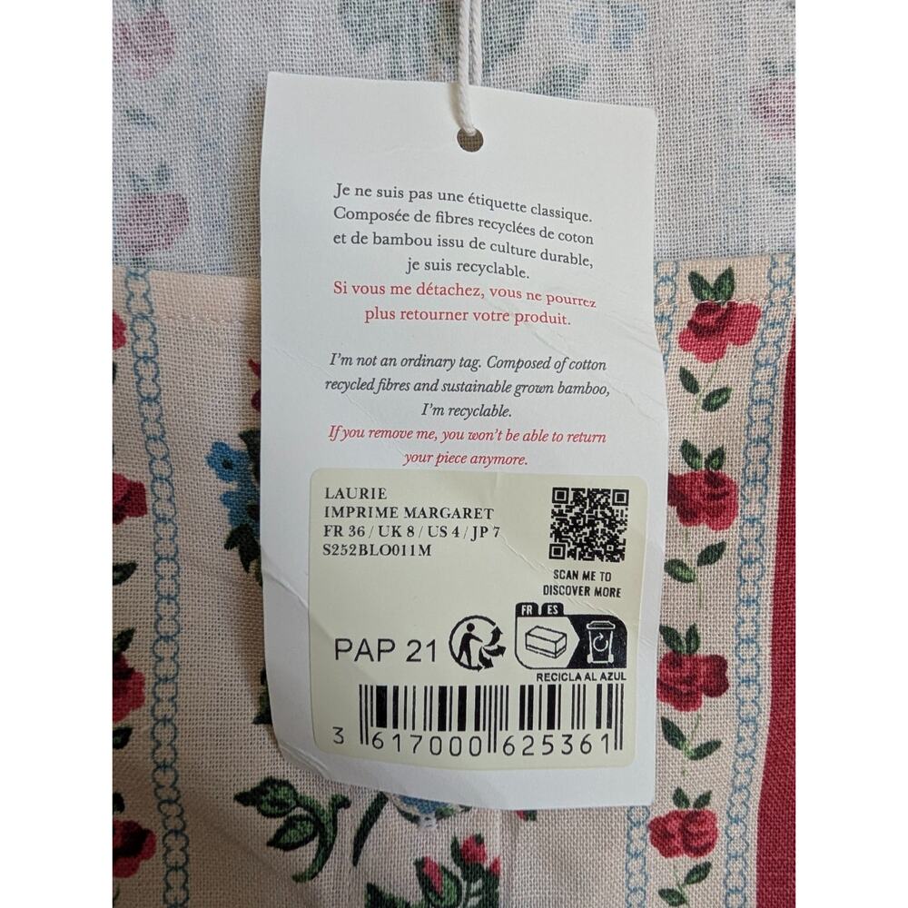 NWT Sezane Blouse Womens 36 Multi Red Cream Floral Imprime Margaret Button Front - Picture 3 of 5